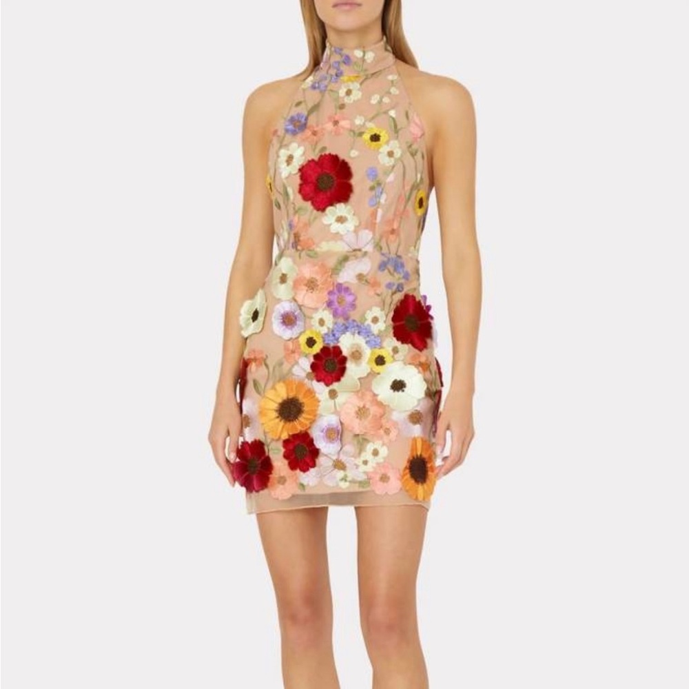 NEW MILLY hariet 3d floral embroidered dress in nude multi purchased for $ 525